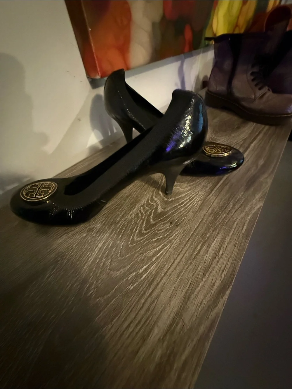 Tory Burch Black Patent Leather heels with Gold Logo Medallion